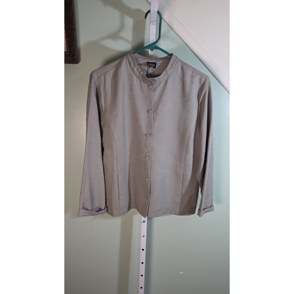 Eileen Fisher Women's Gray Textured Silk Mandarin Band Collar Button Up Jacket L